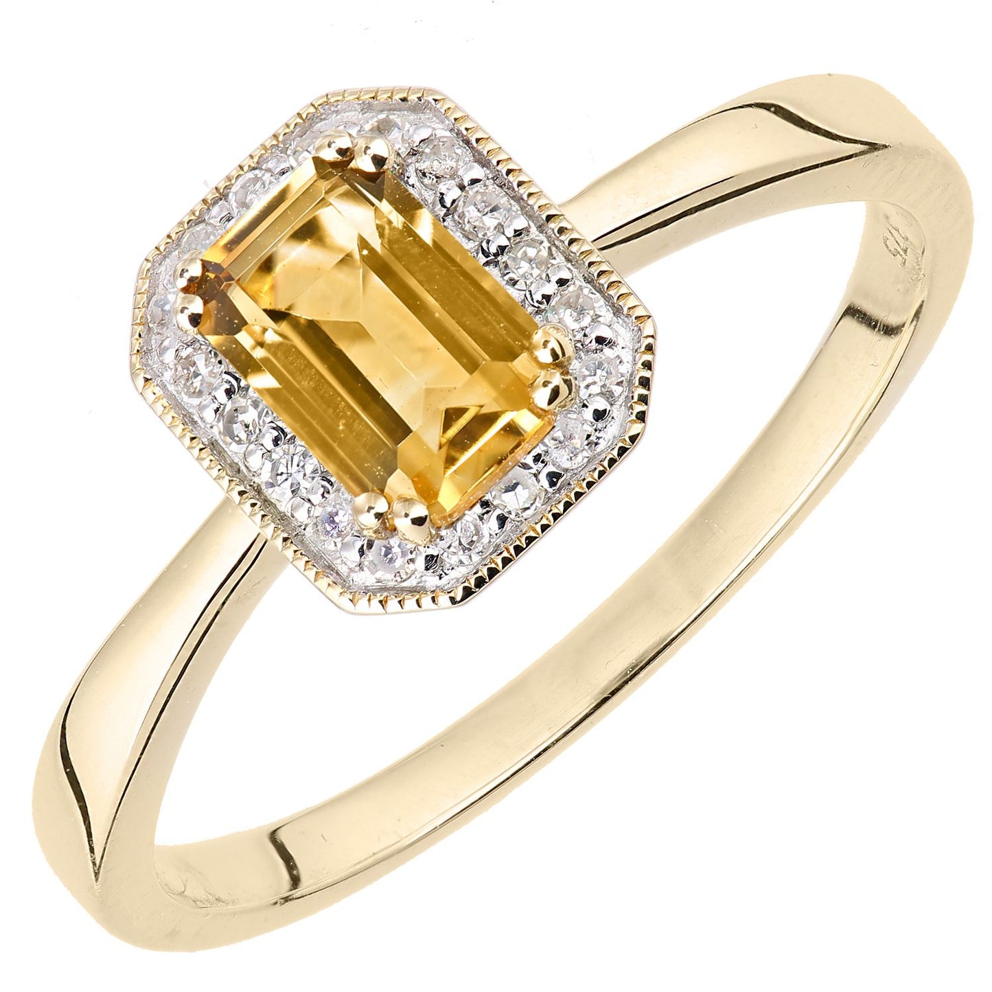 9ct Gold  Diamond Octagon Citrine Octagon Mill Grain Halo Ring - DR1AXL619YCT