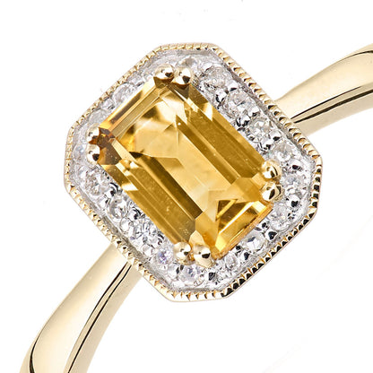 9ct Gold  Diamond Octagon Citrine Octagon Mill Grain Halo Ring - DR1AXL619YCT