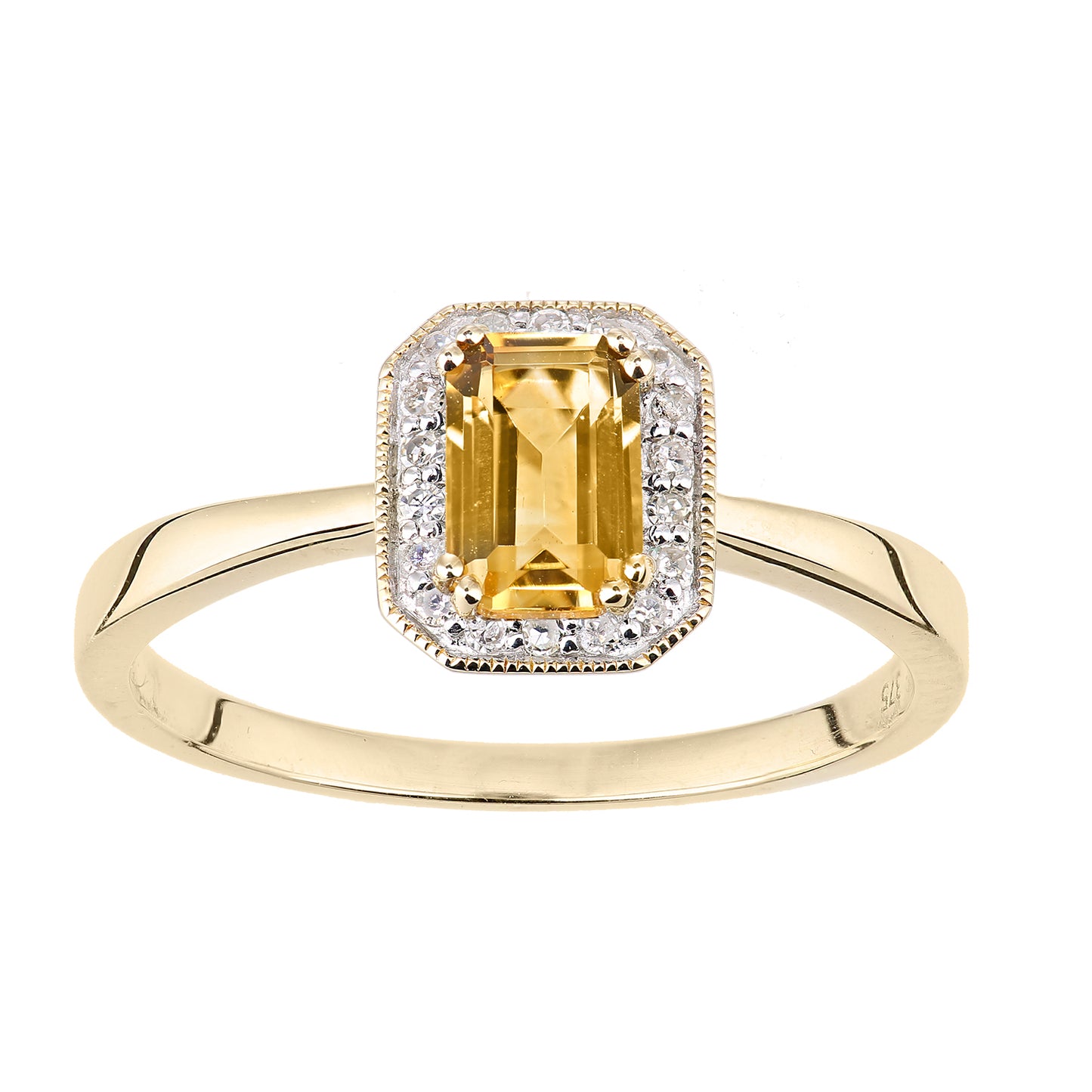 9ct Gold  Diamond Octagon Citrine Octagon Mill Grain Halo Ring - DR1AXL619YCT