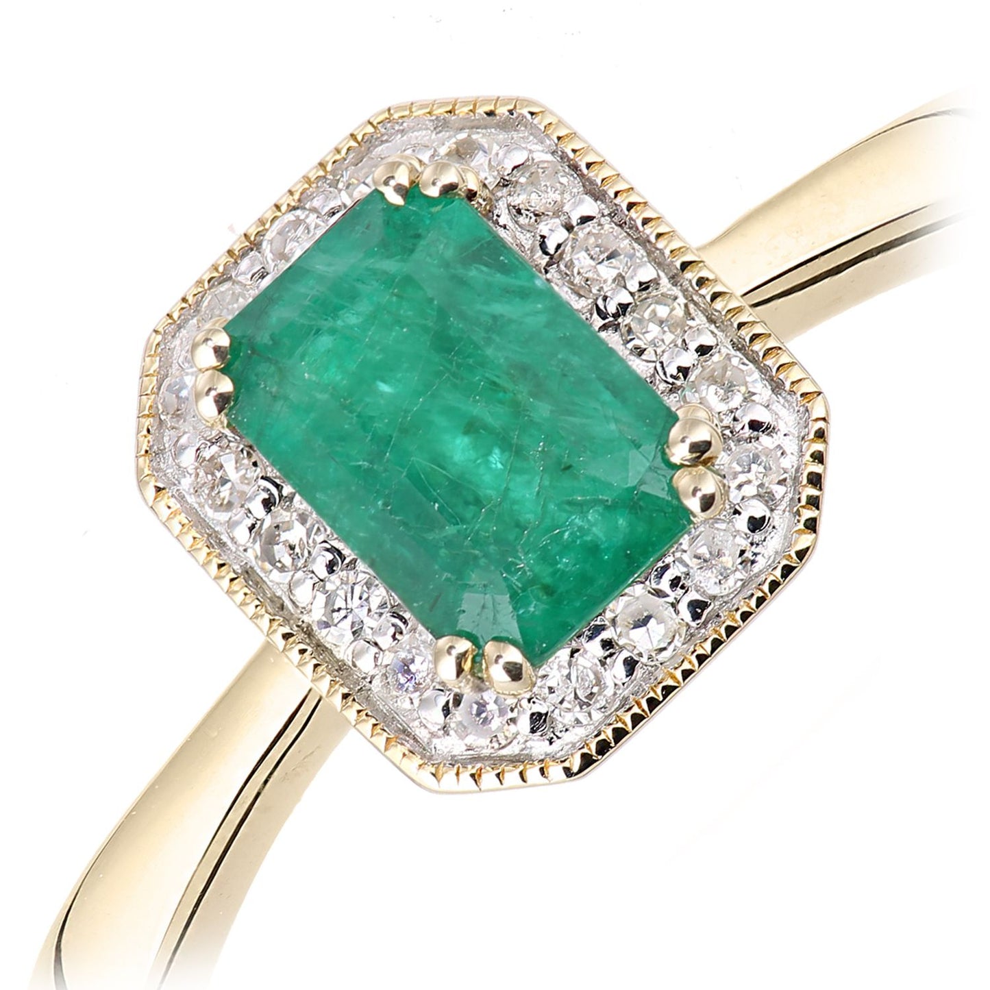 9ct Gold  Diamond Octagon Emerald Octagon Mill Grain Halo Ring - DR1AXL619YEM