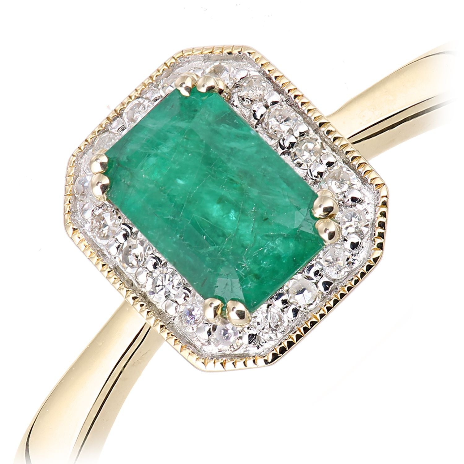 9ct Gold  Diamond Octagon Emerald Octagon Mill Grain Halo Ring - DR1AXL619YEM