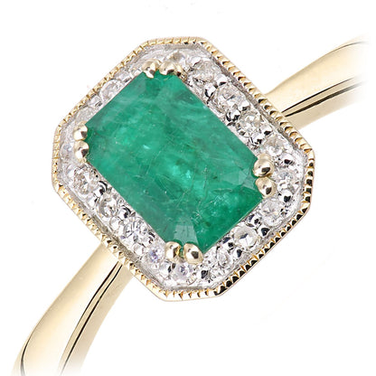 9ct Gold  Diamond Octagon Emerald Octagon Mill Grain Halo Ring - DR1AXL619YEM