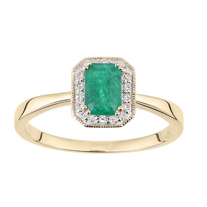 9ct Gold  Diamond Octagon Emerald Octagon Mill Grain Halo Ring - DR1AXL619YEM
