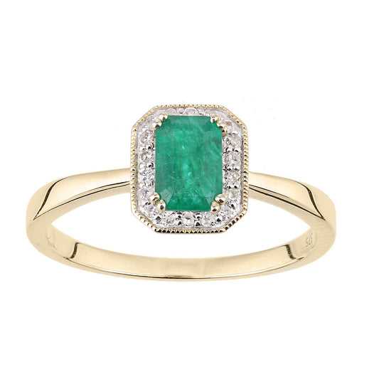 9ct Gold  Diamond Octagon Emerald Octagon Mill Grain Halo Ring - DR1AXL619YEM