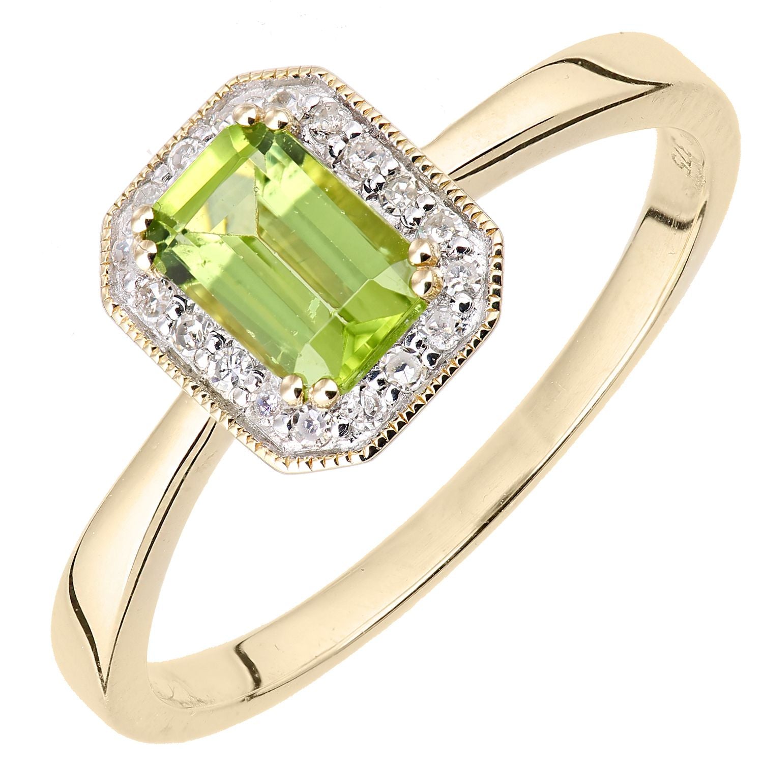 9ct Gold  Diamond Octagon Peridot Octagon Mill Grain Halo Ring - DR1AXL619YPD
