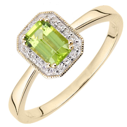 9ct Gold  Diamond Octagon Peridot Octagon Mill Grain Halo Ring - DR1AXL619YPD
