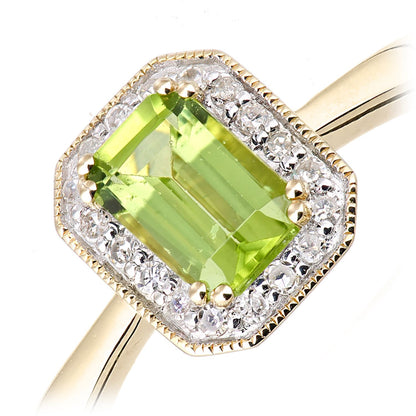 9ct Gold  Diamond Octagon Peridot Octagon Mill Grain Halo Ring - DR1AXL619YPD