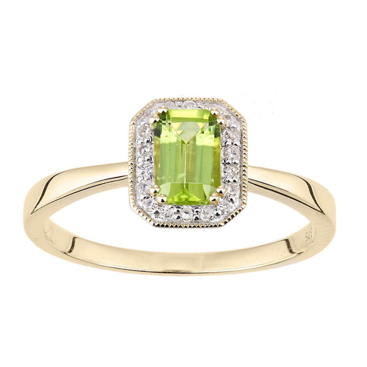 9ct Gold  Diamond Octagon Peridot Octagon Mill Grain Halo Ring - DR1AXL619YPD