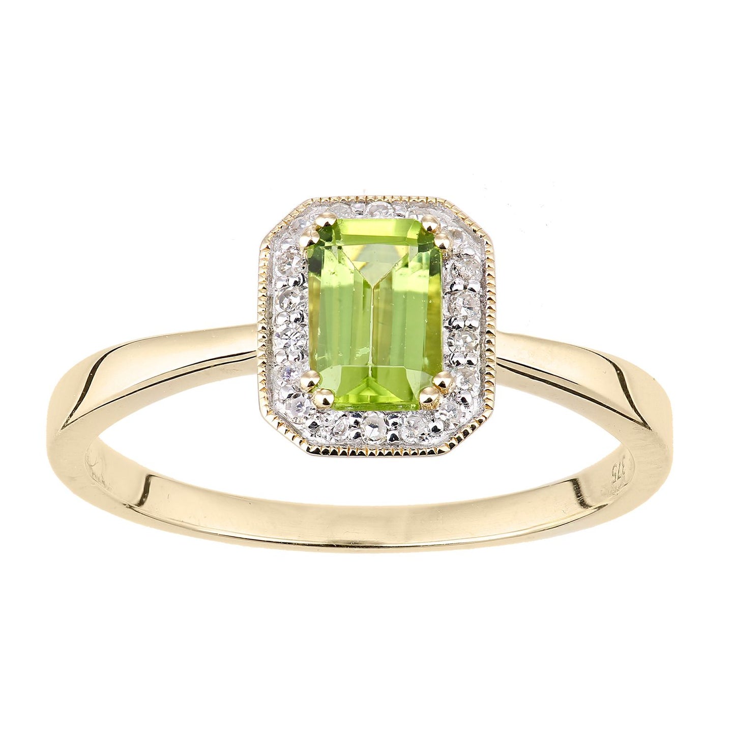 9ct Gold  Diamond Octagon Peridot Octagon Mill Grain Halo Ring - DR1AXL619YPD