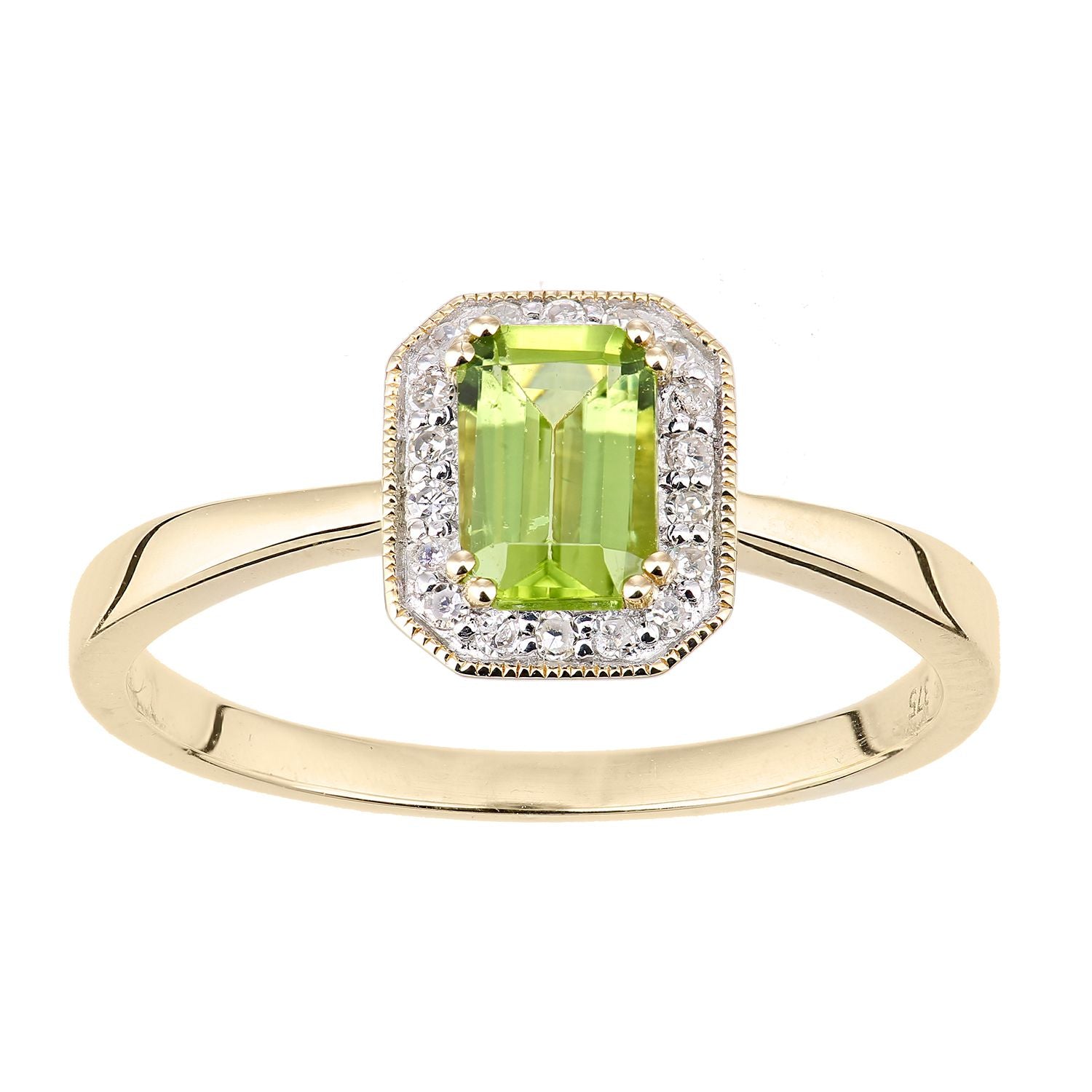 9ct Gold  Diamond Octagon Peridot Octagon Mill Grain Halo Ring - DR1AXL619YPD