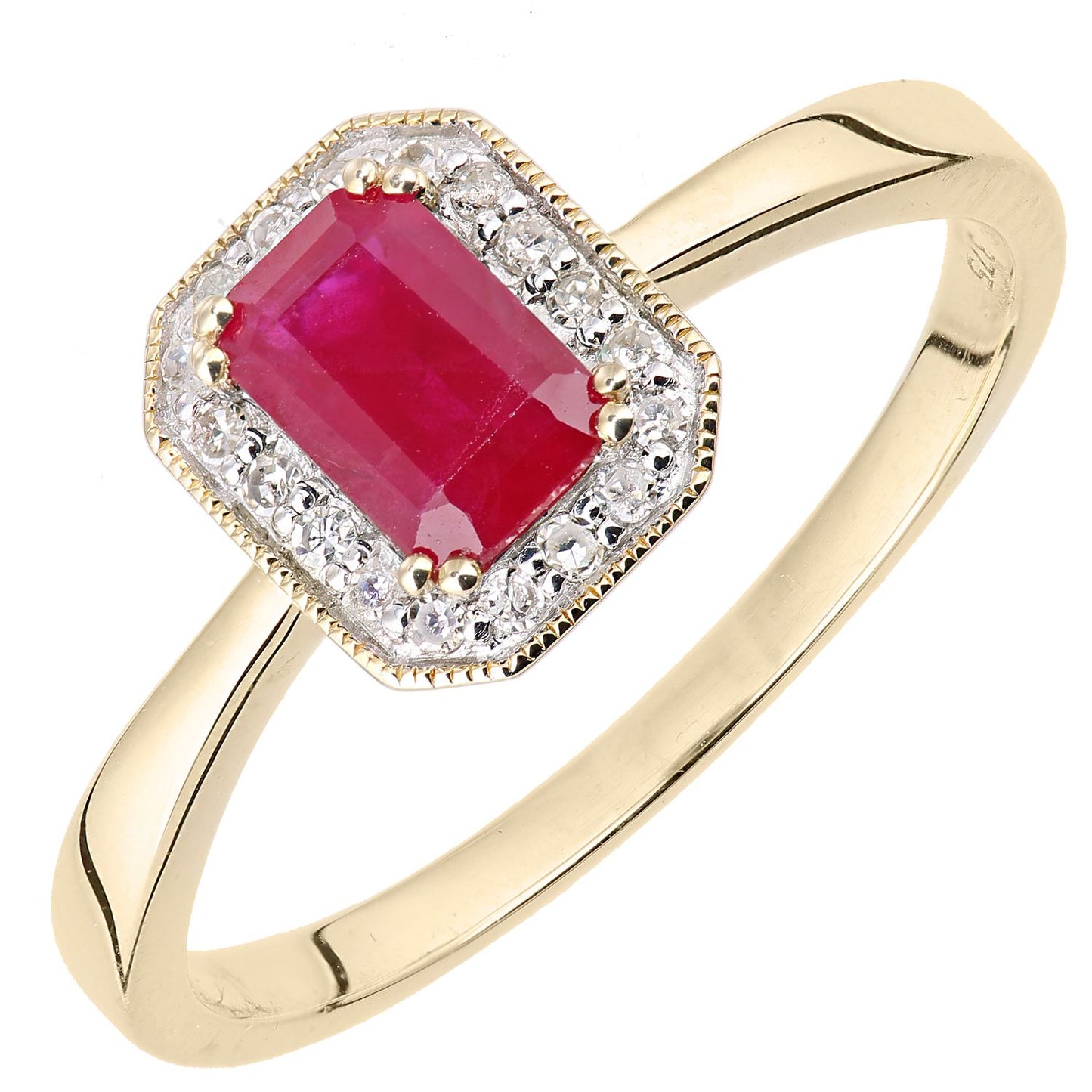 9ct Gold  Diamond Octagon Ruby Octagon Mill Grain Halo Ring - DR1AXL619YRU