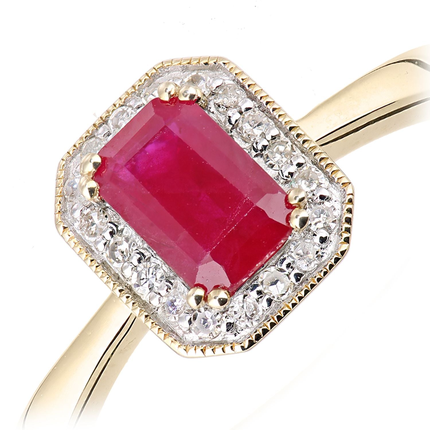 9ct Gold  Diamond Octagon Ruby Octagon Mill Grain Halo Ring - DR1AXL619YRU