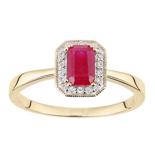 9ct Gold  Diamond Octagon Ruby Octagon Mill Grain Halo Ring - DR1AXL619YRU