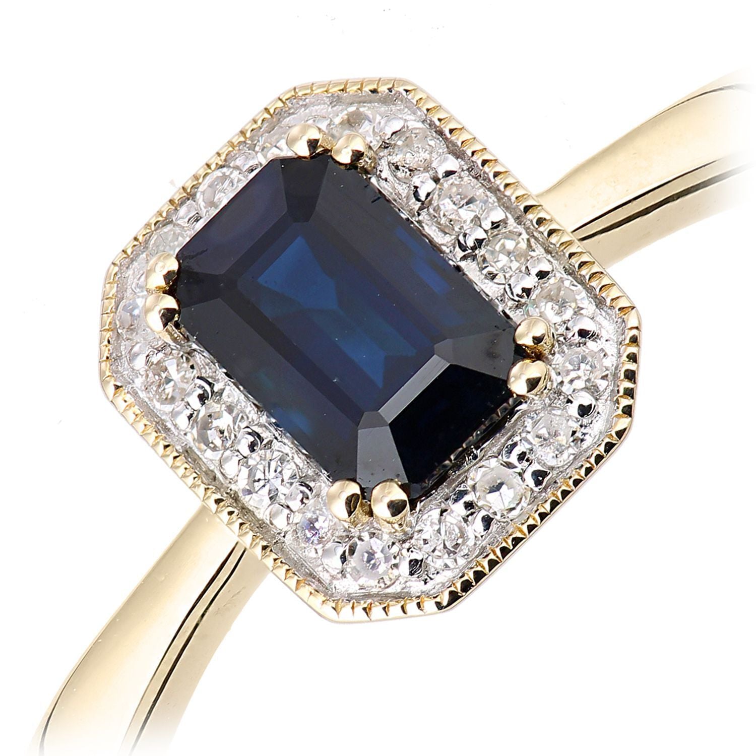 9ct Gold  Diamond Octagon Sapphire Octagon Mill Grain Halo Ring - DR1AXL619YSA
