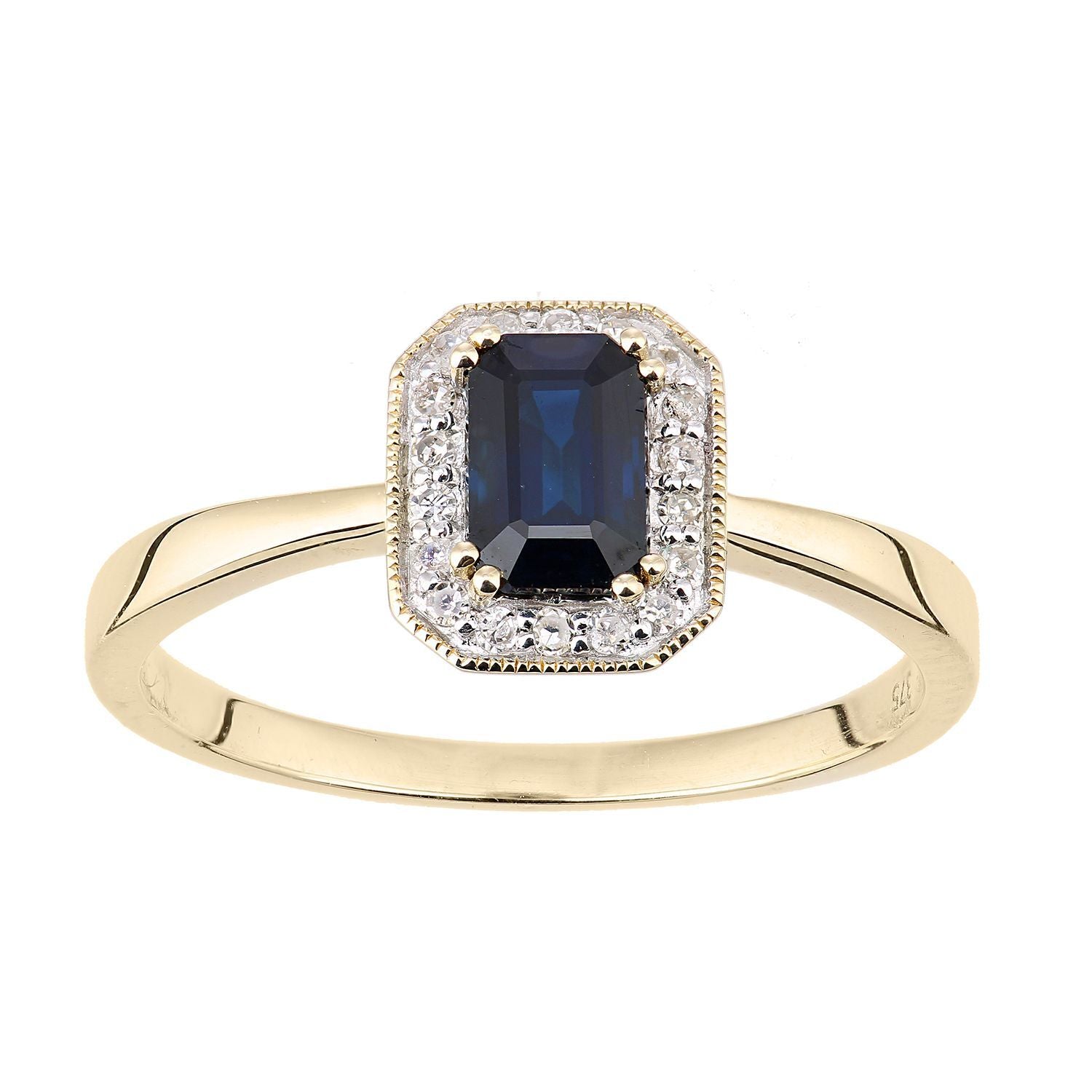 9ct Gold  Diamond Octagon Sapphire Octagon Mill Grain Halo Ring - DR1AXL619YSA