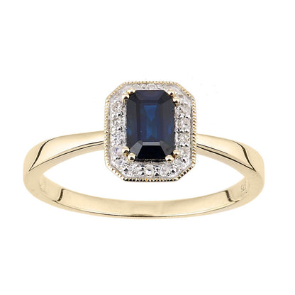 9ct Gold  Diamond Octagon Sapphire Octagon Mill Grain Halo Ring - DR1AXL619YSA