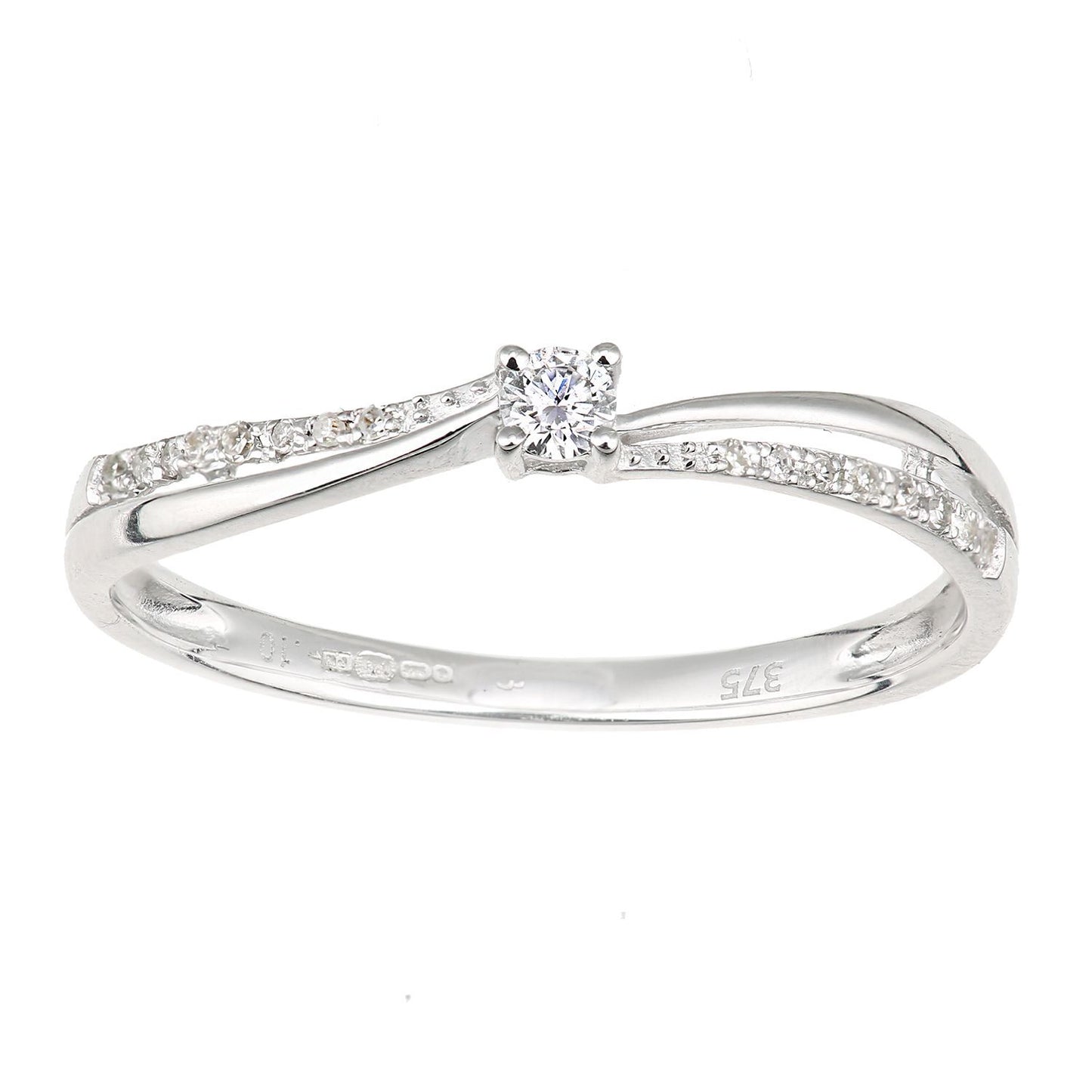 9ct White Gold  Round 9pts Diamond Wavy Pinch Solitaire Dress Ring - DR1AXL669W