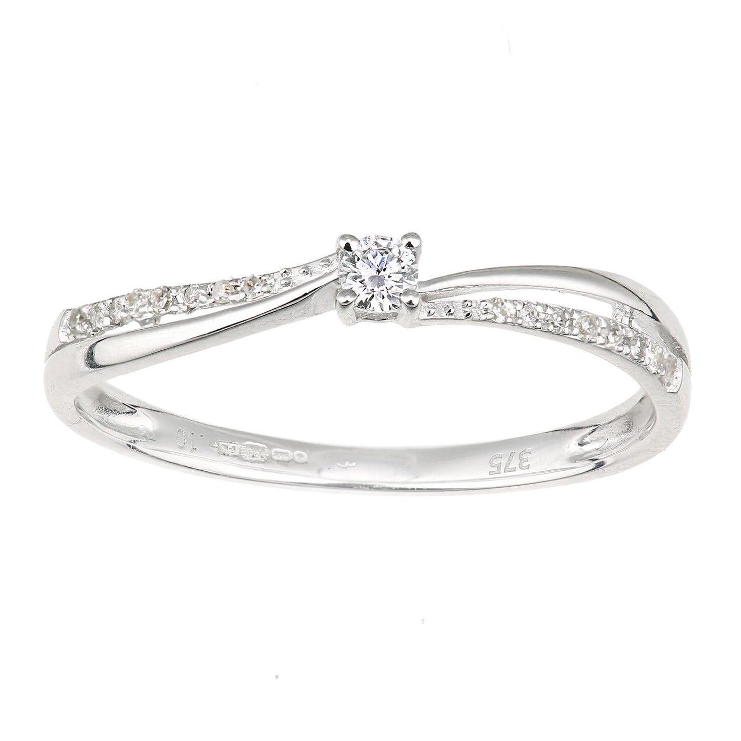 9ct White Gold  Round 9pts Diamond Wavy Pinch Solitaire Dress Ring - DR1AXL669W