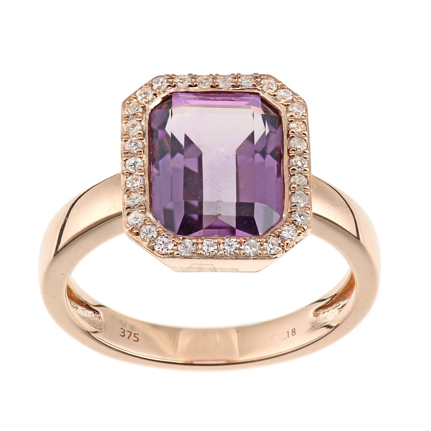 9ct Rose Gold  Diamond Octagon Amethyst Octagon Halo Rubover Ring - DR1AXL677RAM