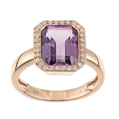 9ct Rose Gold  Diamond Octagon Amethyst Octagon Halo Rubover Ring - DR1AXL677RAM