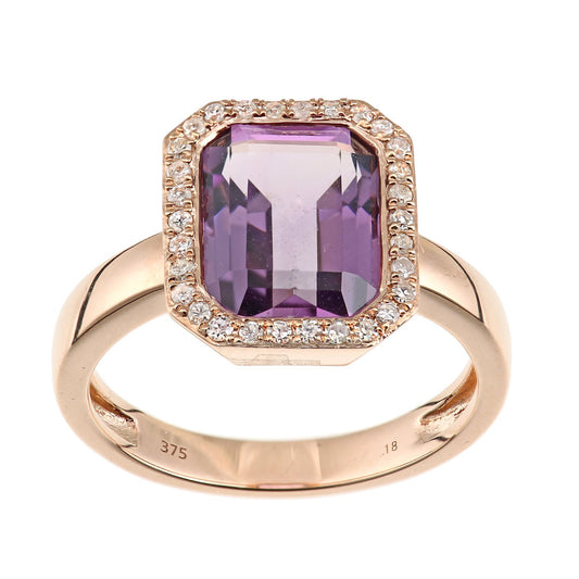 9ct Rose Gold  Diamond Octagon Amethyst Octagon Halo Rubover Ring - DR1AXL677RAM