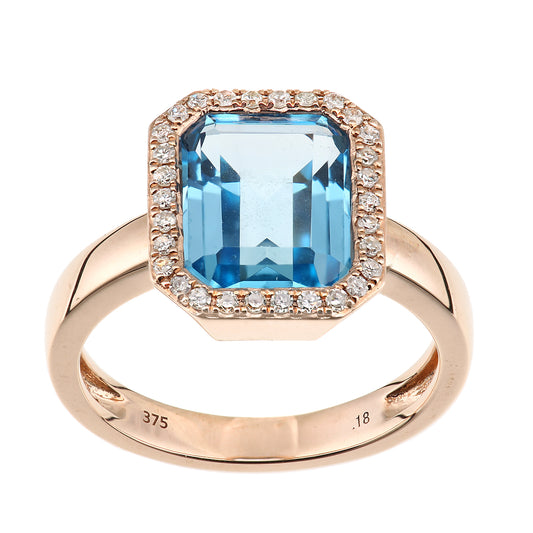 9ct Rose Gold  Diamond Octagon 4ct Blue Topaz Octagon Halo Ring - DR1AXL677RBT