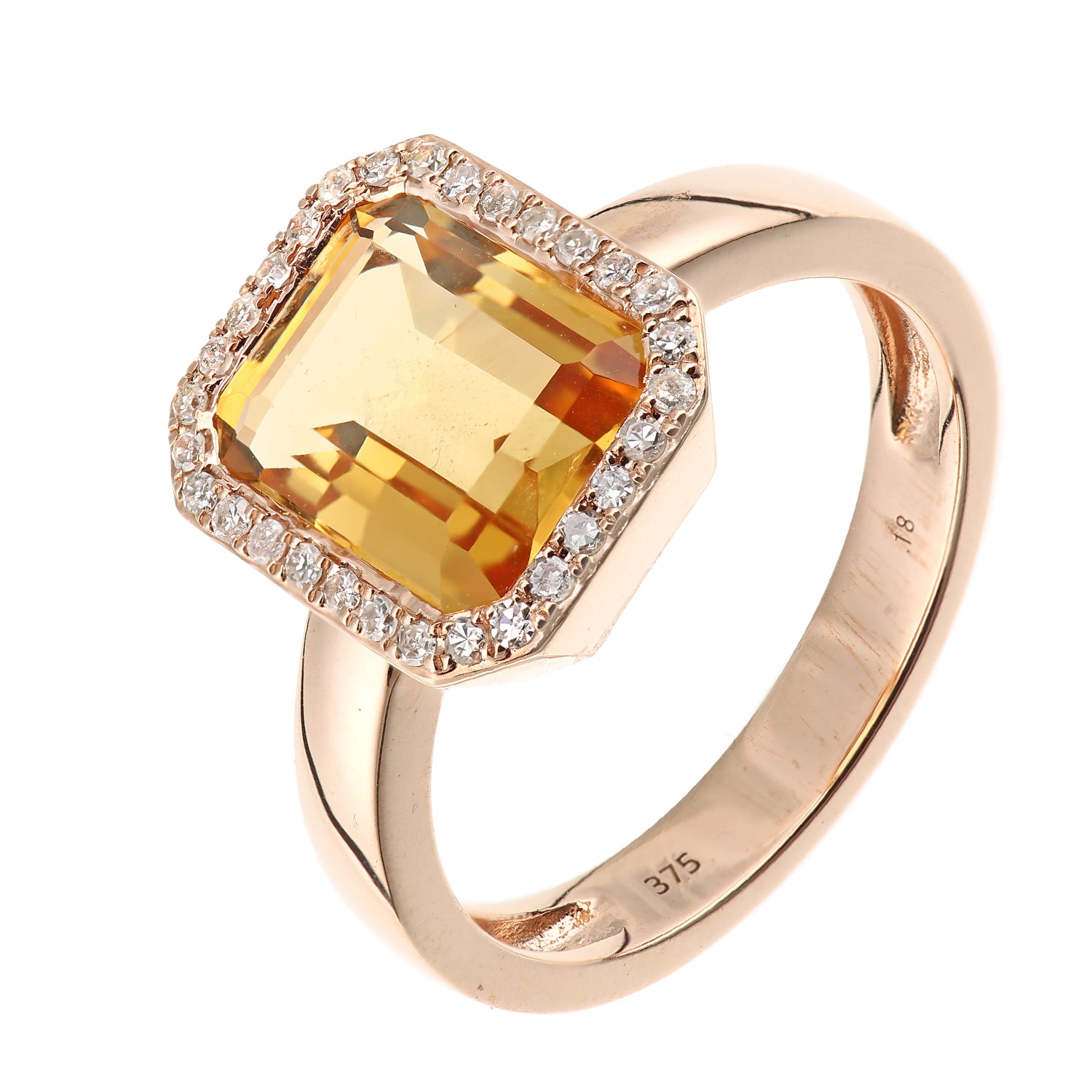 9ct Rose Gold  Diamond Octagon Citrine Octagon Halo Rubover Ring - DR1AXL677RCT