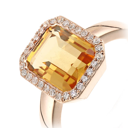 9ct Rose Gold  Diamond Octagon Citrine Octagon Halo Rubover Ring - DR1AXL677RCT