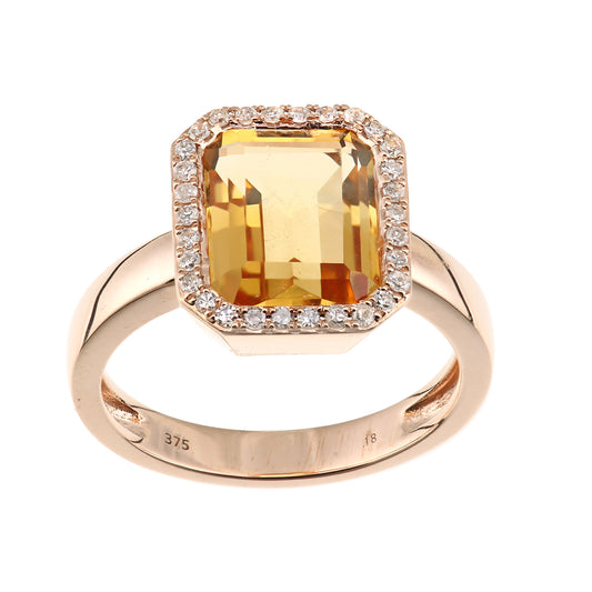 9ct Rose Gold  Diamond Octagon Citrine Octagon Halo Rubover Ring - DR1AXL677RCT