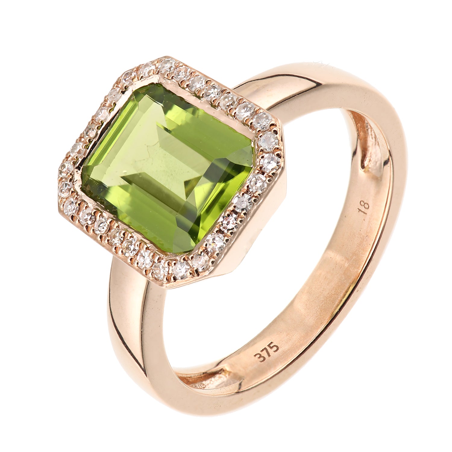 9ct Rose Gold  Diamond Octagon Peridot Octagon Halo Rubover Ring - DR1AXL677RPD