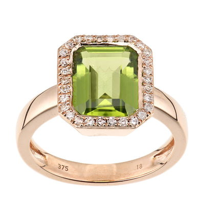 9ct Rose Gold  Diamond Octagon Peridot Octagon Halo Rubover Ring - DR1AXL677RPD