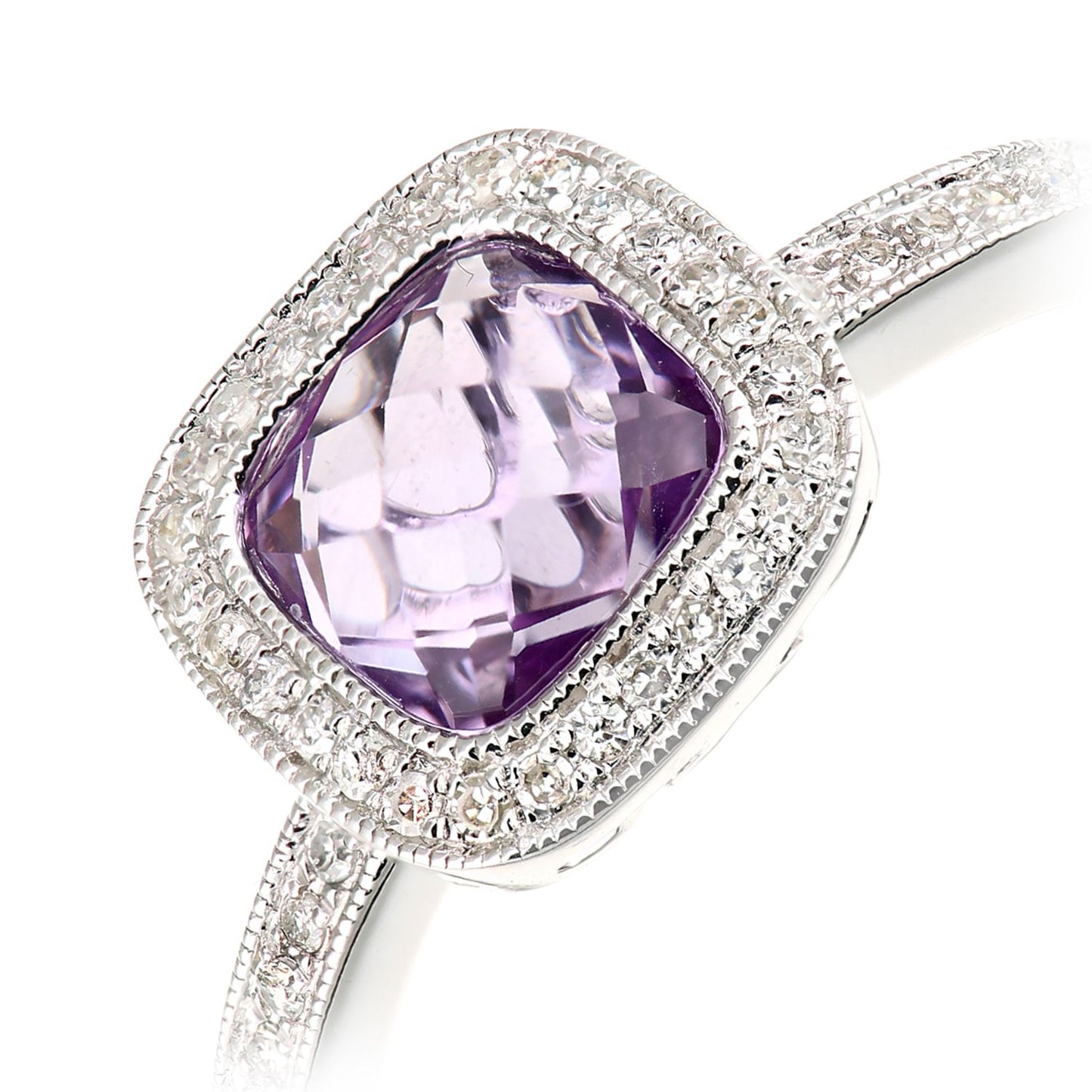 9ct White Gold  Diamond Cushion Amethyst Square Cushion Halo Ring - DR1AXL679WAM