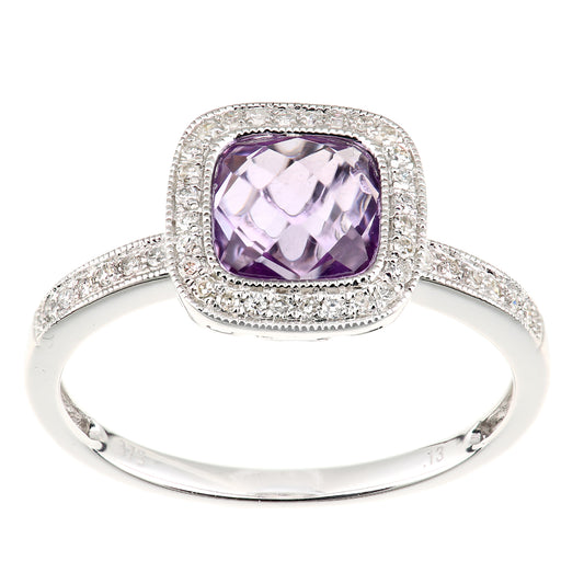 9ct White Gold  Diamond Cushion Amethyst Square Cushion Halo Ring - DR1AXL679WAM