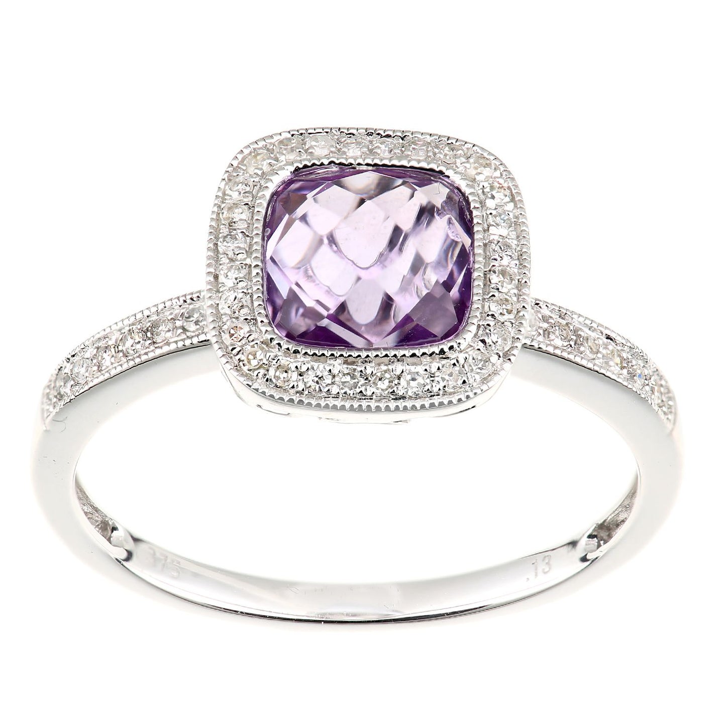 9ct White Gold  Diamond Cushion Amethyst Square Cushion Halo Ring - DR1AXL679WAM