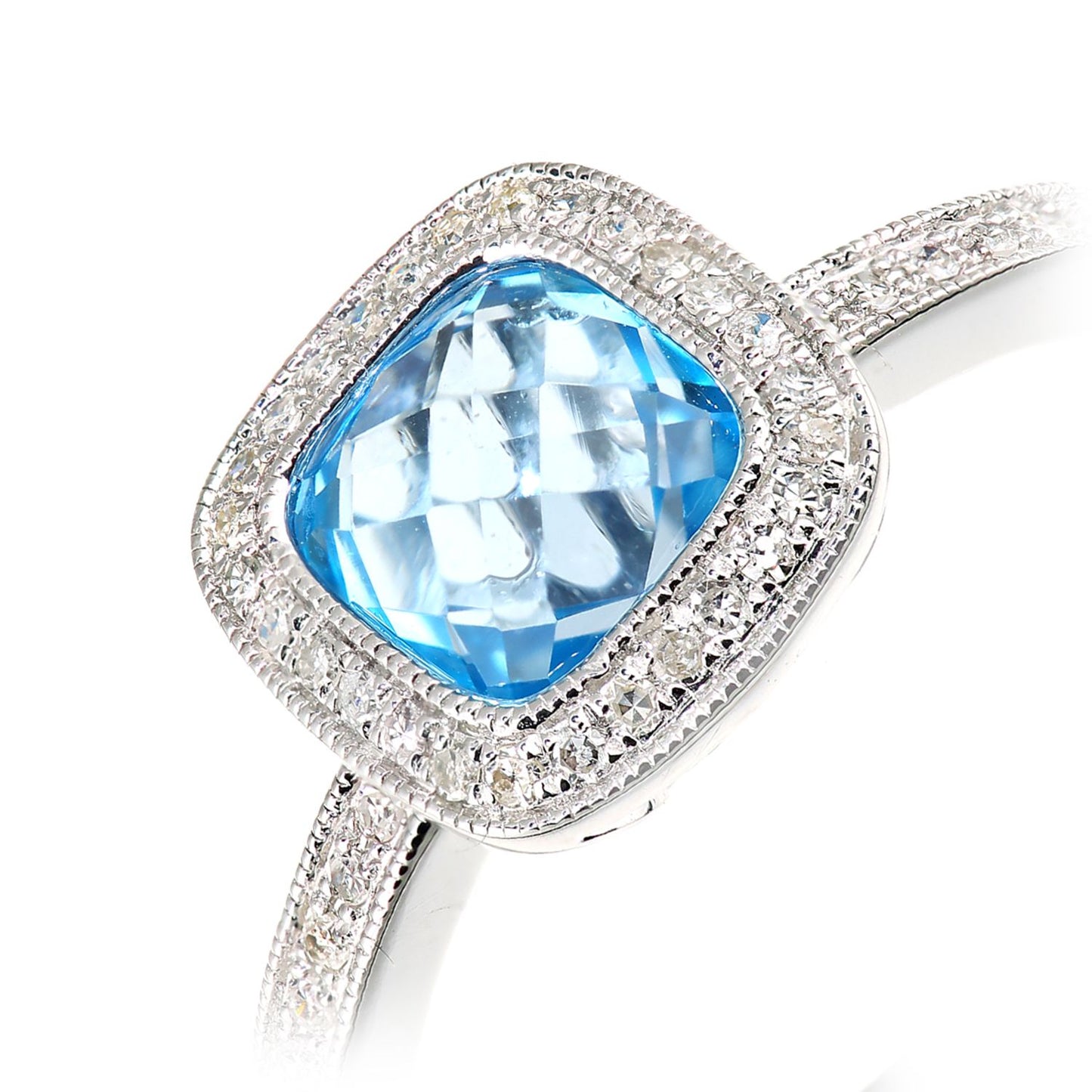9ct White Gold  Diamond 2ct Blue Topaz Square Cushion Halo Ring - DR1AXL679WBT