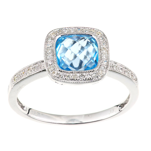 9ct White Gold  Diamond 2ct Blue Topaz Square Cushion Halo Ring - DR1AXL679WBT