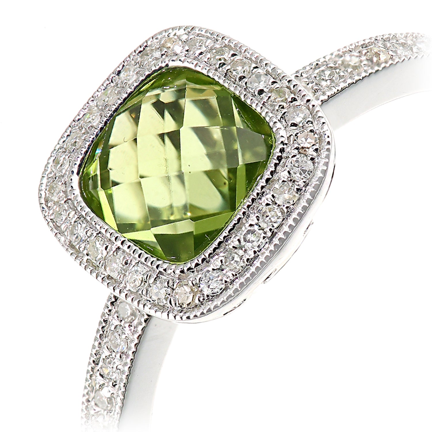 9ct White Gold  Diamond Cushion Peridot Square Cushion Halo Ring - DR1AXL679WPD