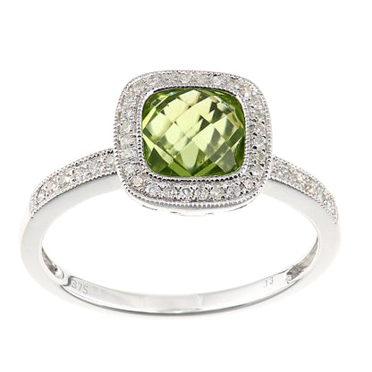 9ct White Gold  Diamond Cushion Peridot Square Cushion Halo Ring - DR1AXL679WPD