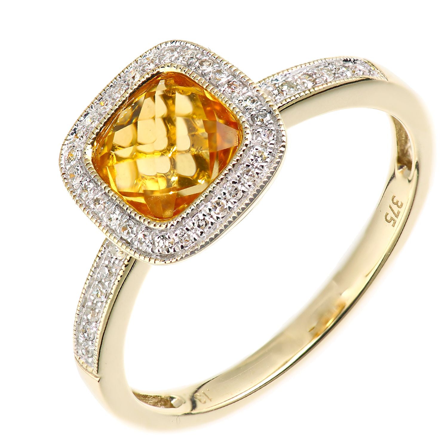 9ct Gold  Diamond Cushion Citrine Square Cushion Beaded Halo Ring - DR1AXL679YCT