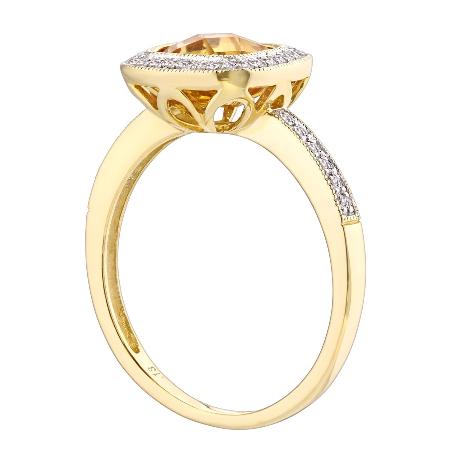 9ct Gold  Diamond Cushion Citrine Square Cushion Beaded Halo Ring - DR1AXL679YCT