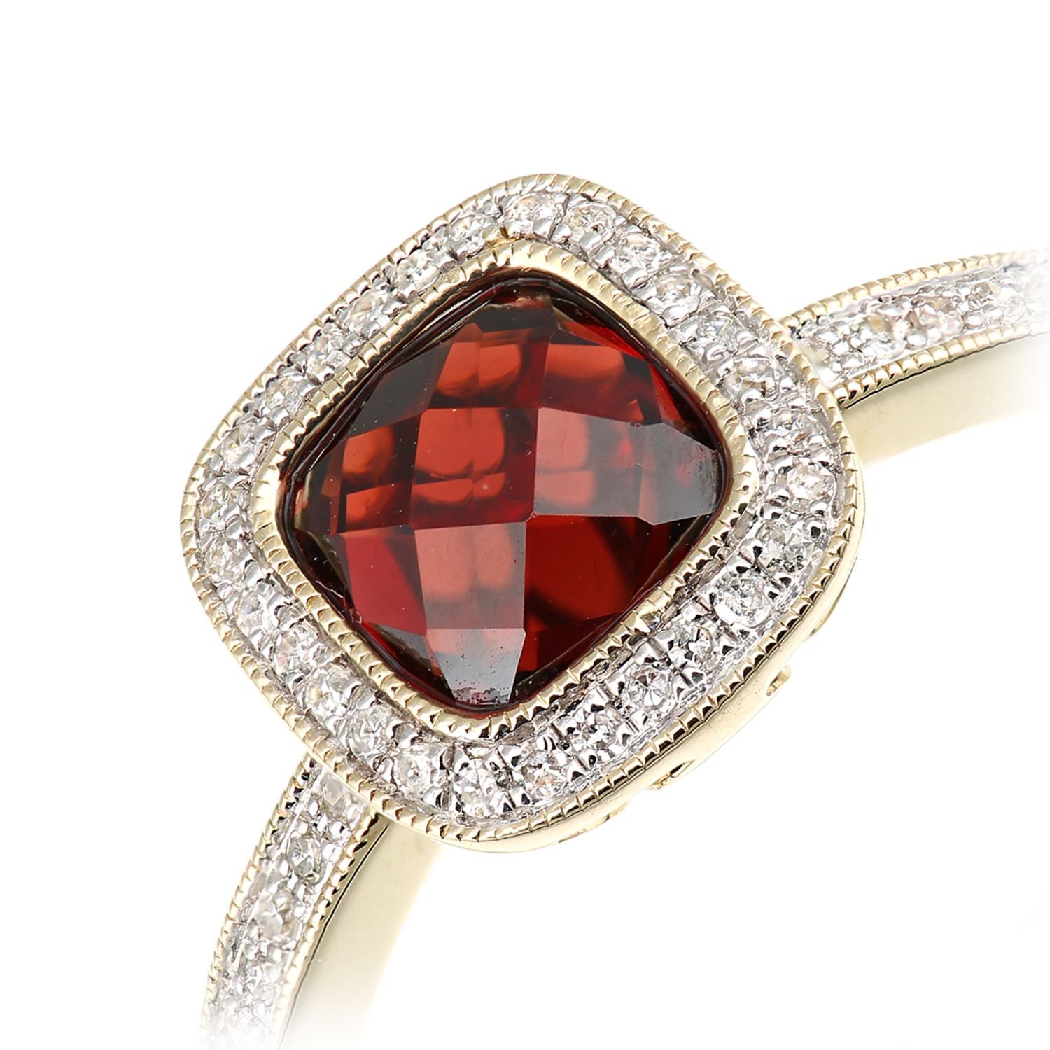 9ct Gold  Diamond Cushion 2ct Garnet Square Cushion Halo Ring - DR1AXL679YGT
