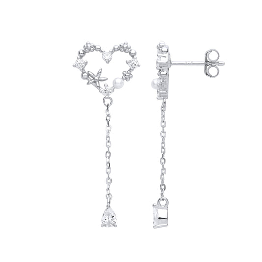 Silver  Love Heart Starfish Daisy Drop Earrings - EAG1001