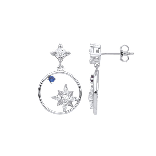 Sterling Silver  Blue Princess CZ Orbit Star Planet Drop Earrings - EAG1003