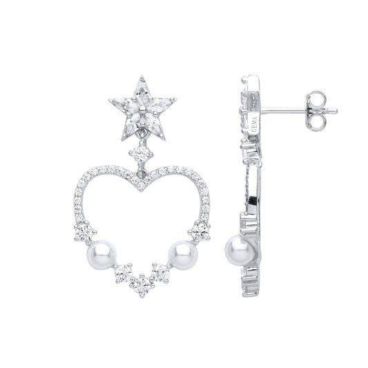 Silver  Cream Marquise Pearl CZ Star Struck Heart Drop Earrings - EAG1005