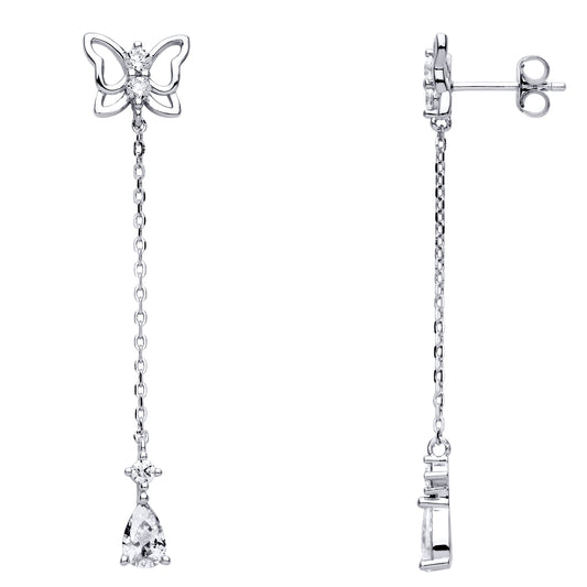 Sterling Silver  Pear CZ Butterfly Shoulder Duster Drop Earrings - EAG1008