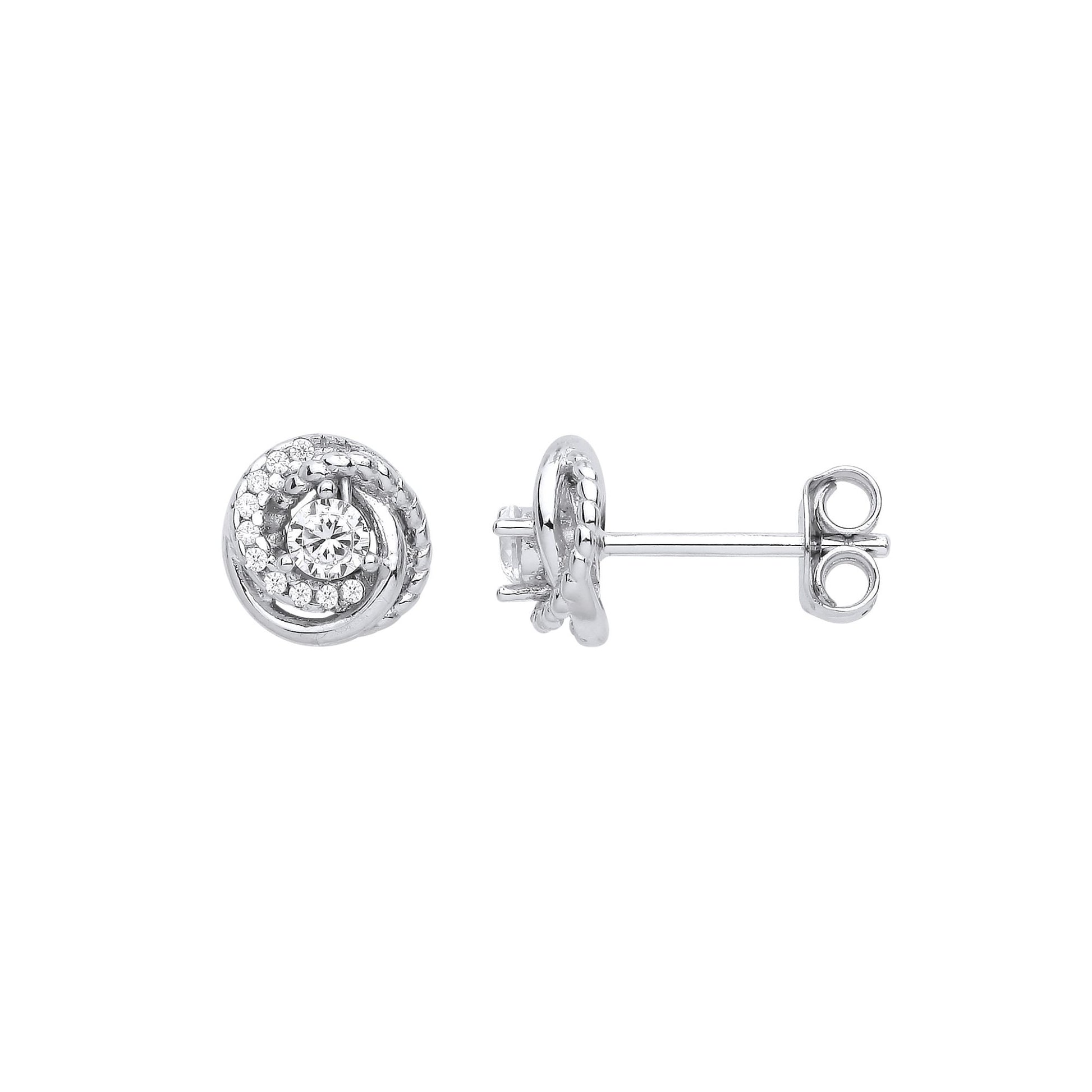 925 Silver  CZ Tornado Beaded Spiral Solitaire Knot Stud Earrings - EAG1011