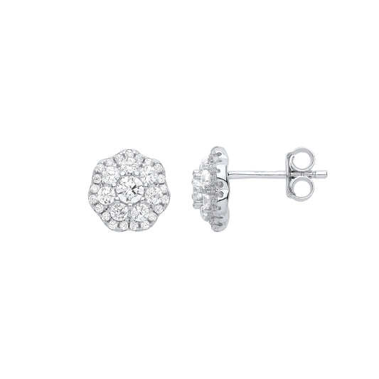 925 Sterling Silver  CZ Scallop Edge Cluster Stud Earrings - EAG1013