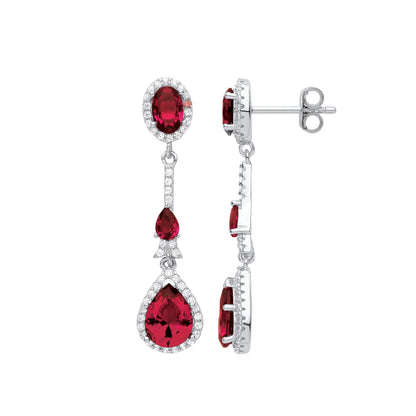 Silver  Red Pear Oval CZ Royal Shoulder Duster Drop Earrings - EAG1015RU