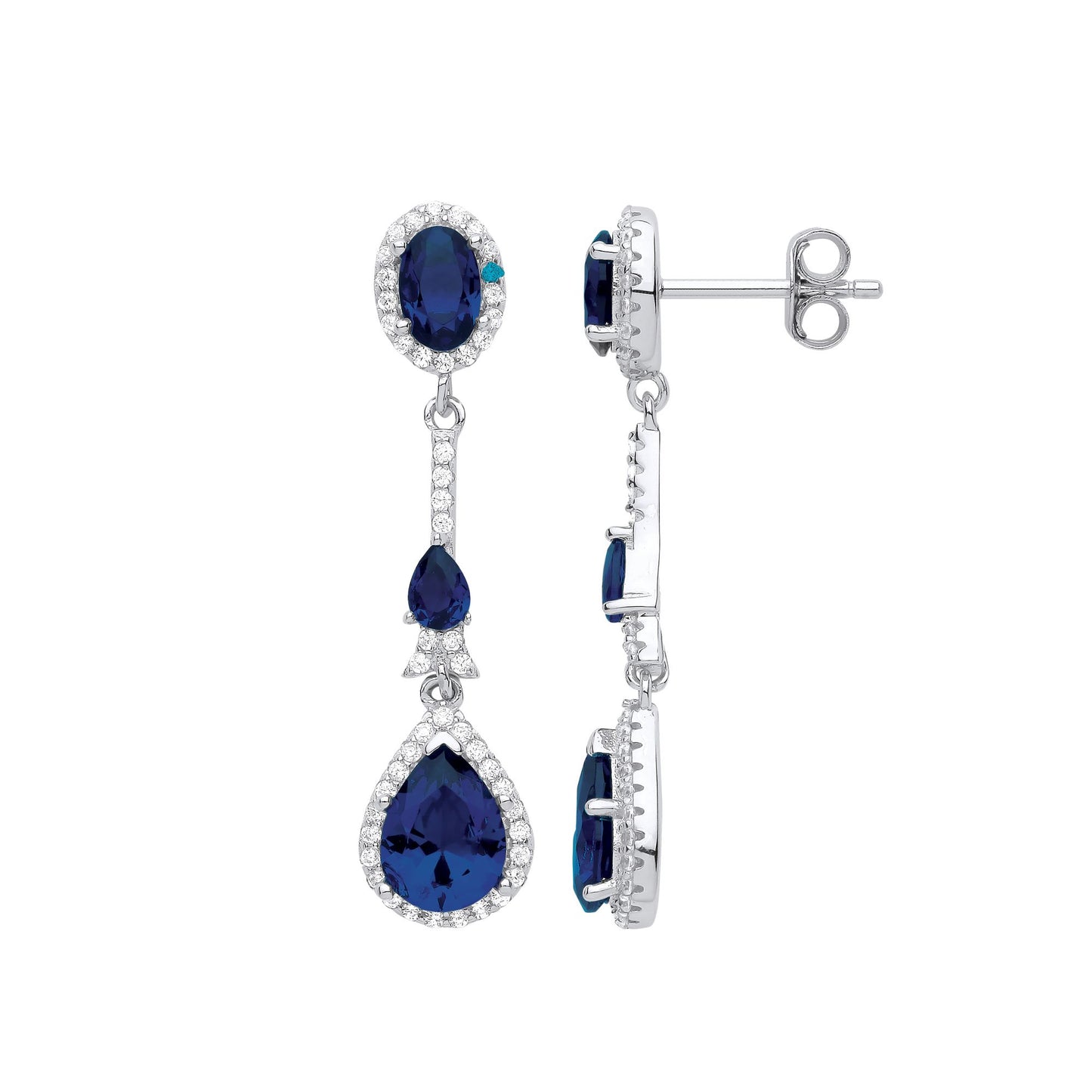 Silver  Blue Pear Oval CZ Royal Shoulder Duster Drop Earrings - EAG1015SAP