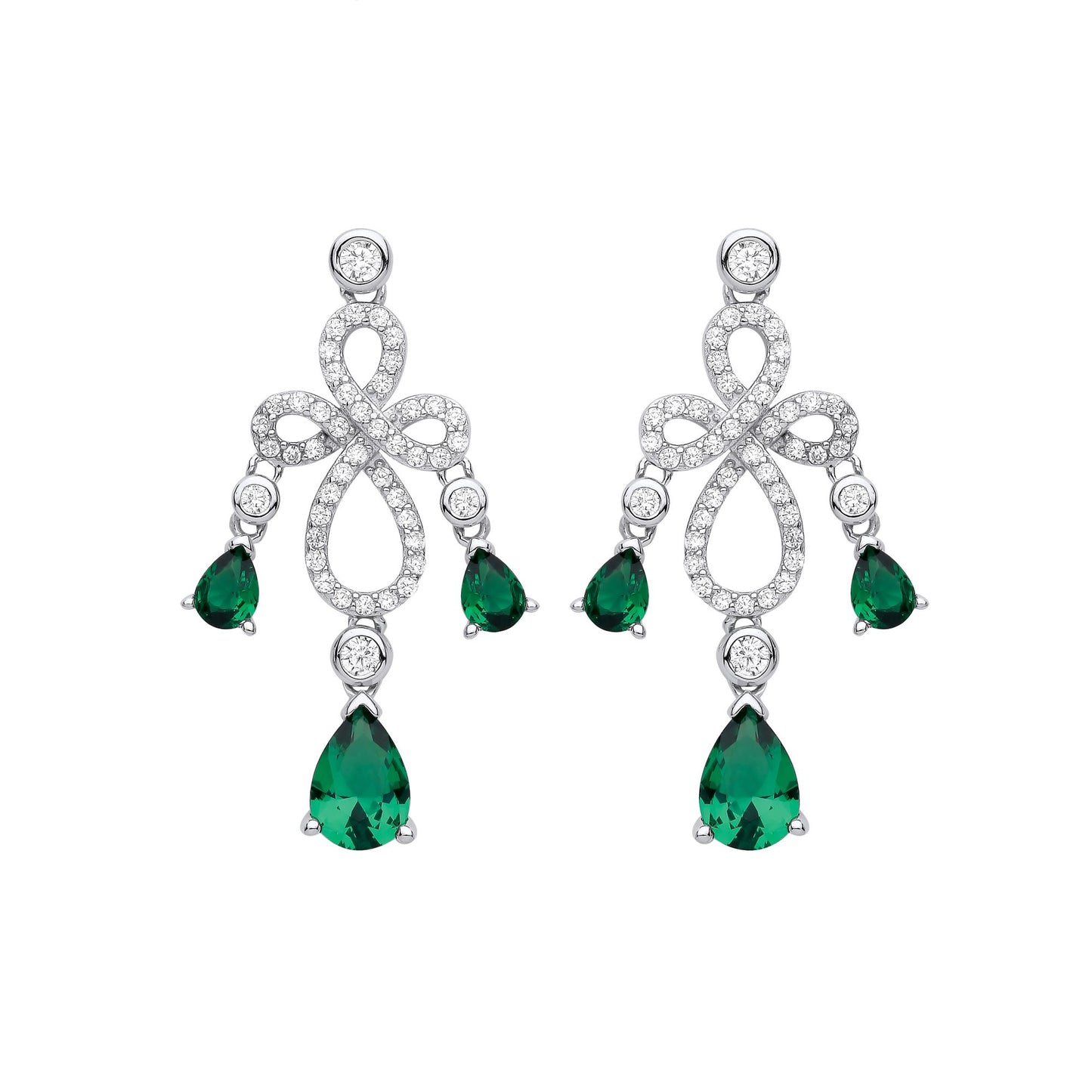 Silver  Green Pear CZ Infinity Loop Cross Chandelier Drop Earrings - EAG1016